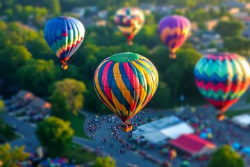 Obraz premium A colorful hot air balloon festival with miniature balloons floating in the sky, enhanced by the tilt-shift effect. 