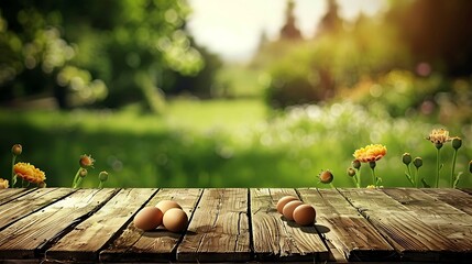 A rustic table with pastel-colored eggs, blurred background of blooming spring flowers, soft morning light, creating a fresh and vibrant Easter atmosphere, natural elements, gentle focus.
