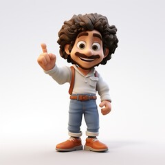 Friendly Cartoon Character with Curly Hair Pointing Upwards, Ideal for Educational Materials and Digital Content