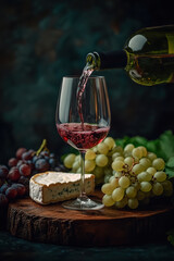 close up of wine being poured into a glass with cheese and grapes