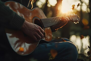 Obraz premium A serene moment as a person strums an acoustic guitar in nature at sunset.