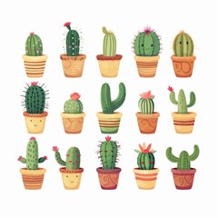Cute Hand-Drawn Cactus Collection in Pots with Smiling Faces Illustration Perfect for Home Decor, Stationery, and Digital Designs