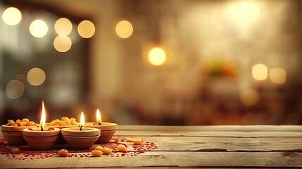 A table decorated with glowing diyas and traditional sweets, blurred background of intricate rangoli patterns, soft ambient light, creating a warm and inviting Diwali atmosphere, colorful and vibrant,