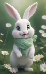 Obraz premium A little rabbit wearing a scarf is walking in a bright flower garden.