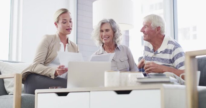 Financial advisor, laptop and senior couple in home for mortgage, insurance and budget advice. Retirement, finance consultant and elderly man and woman with documents for investment or pension fund