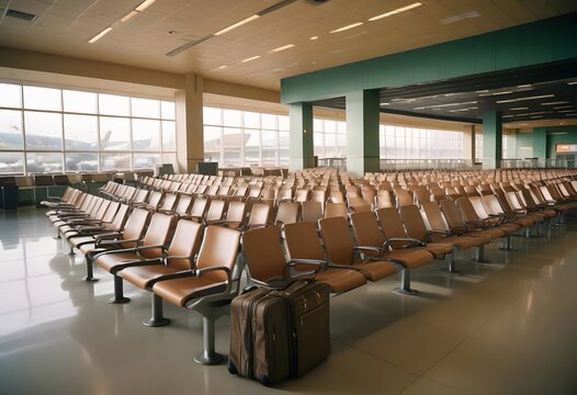 Interior of a modern airport. An empty airport terminal with rows of green seats and luggage on the floor