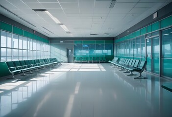 Naklejka premium Waiting room in the airport. An empty airport terminal with rows of green leather seats, large windows, and fluorescent lighting