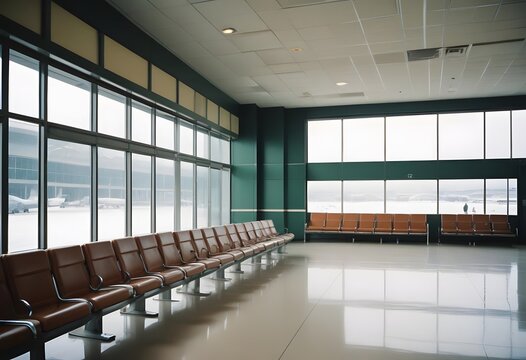 Interior of a modern airport. An empty airport terminal with rows of green seats and luggage on the floor - Powered by Adobe