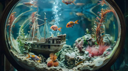 fish aquarium with miniature shipwreck