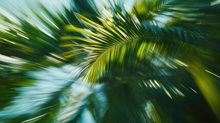 Obraz premium A detailed view of tropical palm leaves, with motion blur capturing their gentle sway in the wind.