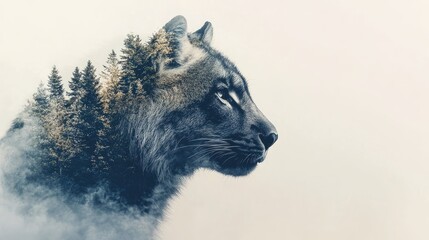 A double exposure image blending a tranquil nature landscape with the profile of a majestic wild animal, creating a serene effect.
