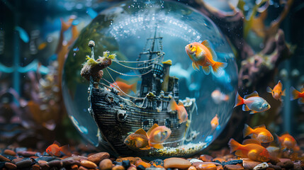 fish aquarium with miniature shipwreck