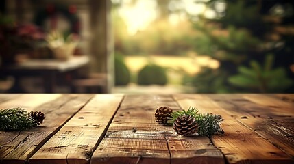 A wooden table adorned with pine cones and scattered leaves, blurred background of a family celebrating, soft warm lighting, creating a cozy and festive scene, natural textures. --ar 16:9 --v 6.
