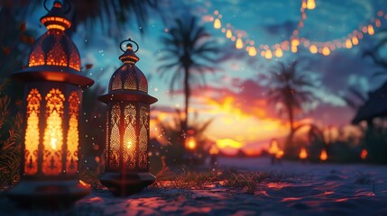Fototapeta premium Lantern Glow Against Mosque Silhouette at Night Generative AI