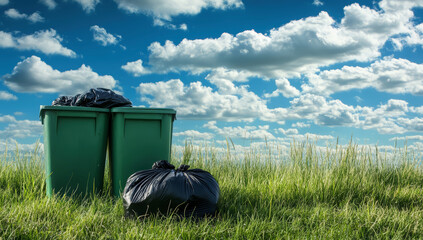Obraz premium Green trash can with black trash bags full of garbage, The environment concept