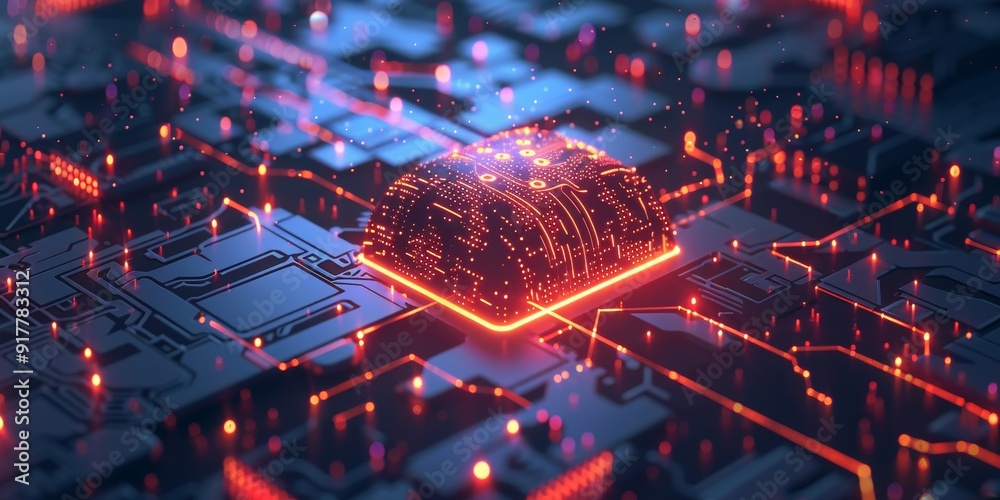 Aufkleber 3D rendering of an AI chip with glowing circuits, surrounded by digital symbols and holographic interfaces, symbolizing advanced technology and artificial intelligence