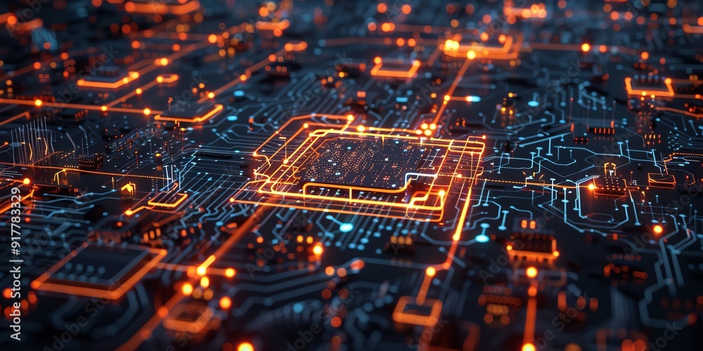 Poster 3D rendering of an AI chip with glowing circuits, surrounded by digital symbols and holographic interfaces, symbolizing advanced technology and artificial intelligence
