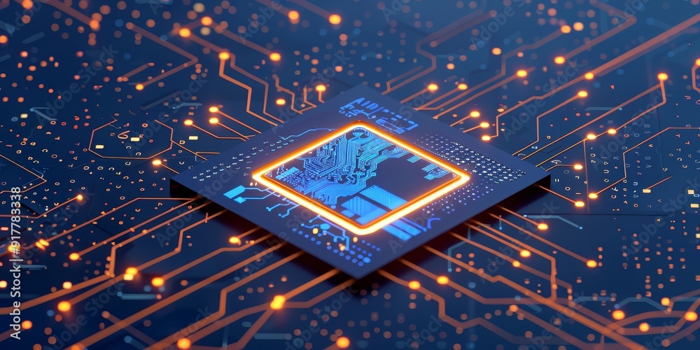Poster 3D rendering of an AI chip with glowing circuits, surrounded by digital symbols and holographic interfaces, symbolizing advanced technology and artificial intelligence