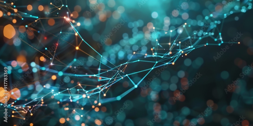 Fototapete Abstract visualization of AI with neural connections and data points, set against a dark background filled with tech symbols, representing machine learning and data analysis