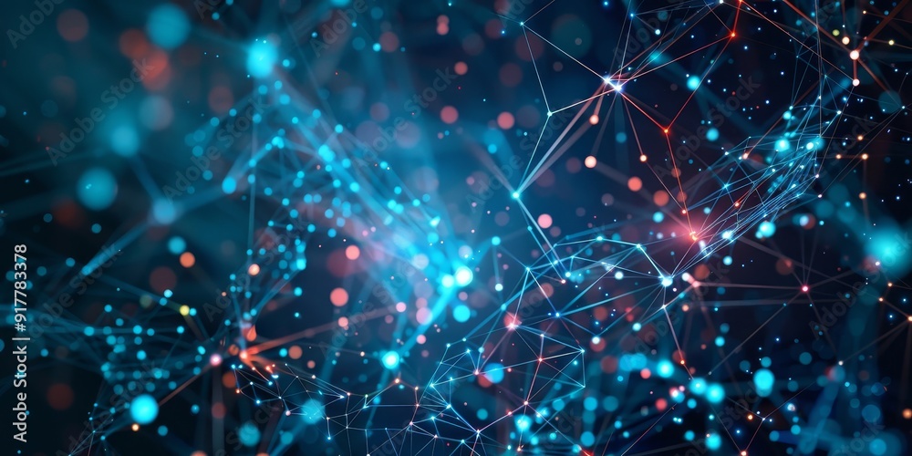 Fototapete Abstract visualization of AI with neural connections and data points, set against a dark background filled with tech symbols, representing machine learning and data analysis