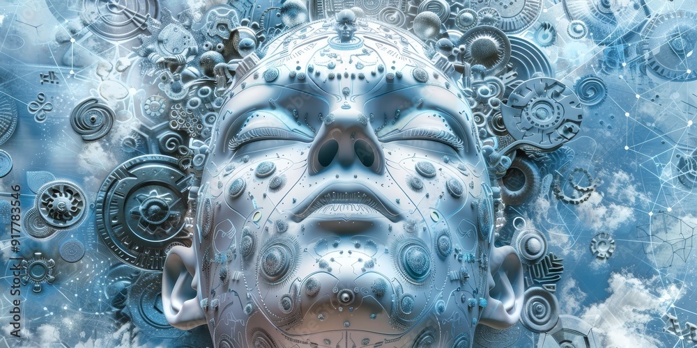 Poster Stylized human head with embedded circuits and gears, surrounded by digital symbols and data points, symbolizing the synergy between human intelligence and AI
