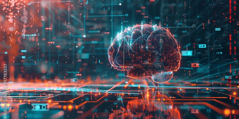 Aufkleber Abstract digital brain with glowing lines and circuits, set against a backdrop of tech icons and data streams, representing the concept of artificial intelligence