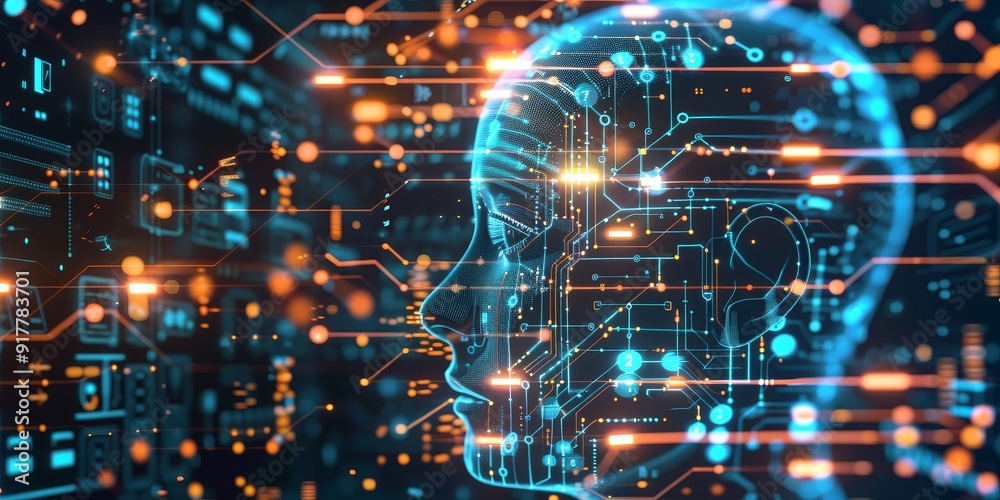 Poster Modern AI concept with a face made from circuits and data lines, set against a background of tech symbols and glowing icons, representing artificial intelligence and technology
