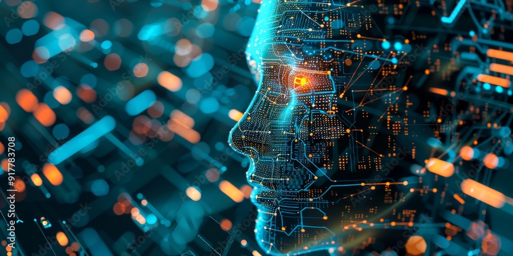 Poster Modern AI concept with a face made from circuits and data lines, set against a background of tech symbols and glowing icons, representing artificial intelligence and technology