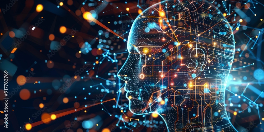 Poster Modern AI concept with a face made from circuits and data lines, set against a background of tech symbols and glowing icons, representing artificial intelligence and technology