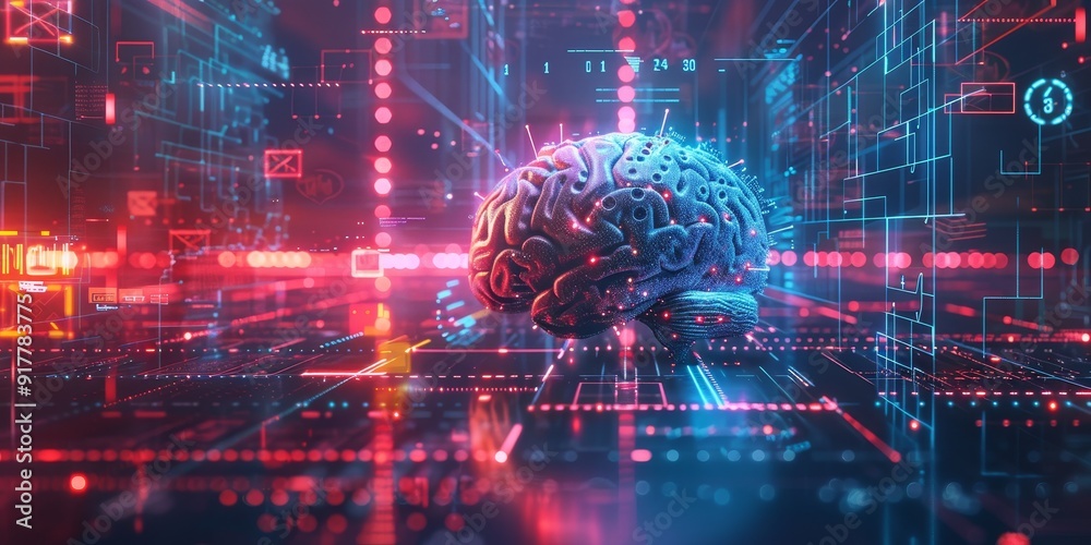 Aufkleber 3D rendering of a digital brain with neural connections, surrounded by floating tech symbols and data streams, illustrating the advanced concepts of AI and machine learning