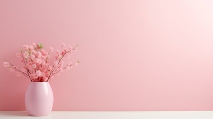 Elegant Pink Flower Arrangement in Pink Vase Against a Pastel Pink Background for Minimalistic Interior Decor, Nature-Inspired Posters, and Calm Ambiance Creation