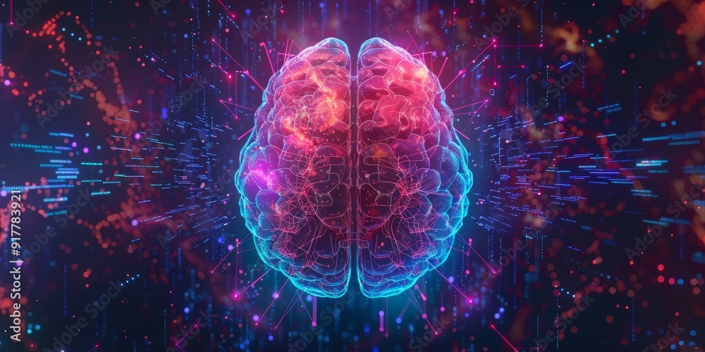 Poster Futuristic neon brain with circuits, representing artificial intelligence in vibrant colors, glowing in a dark digital background filled with interconnected nodes and symbols