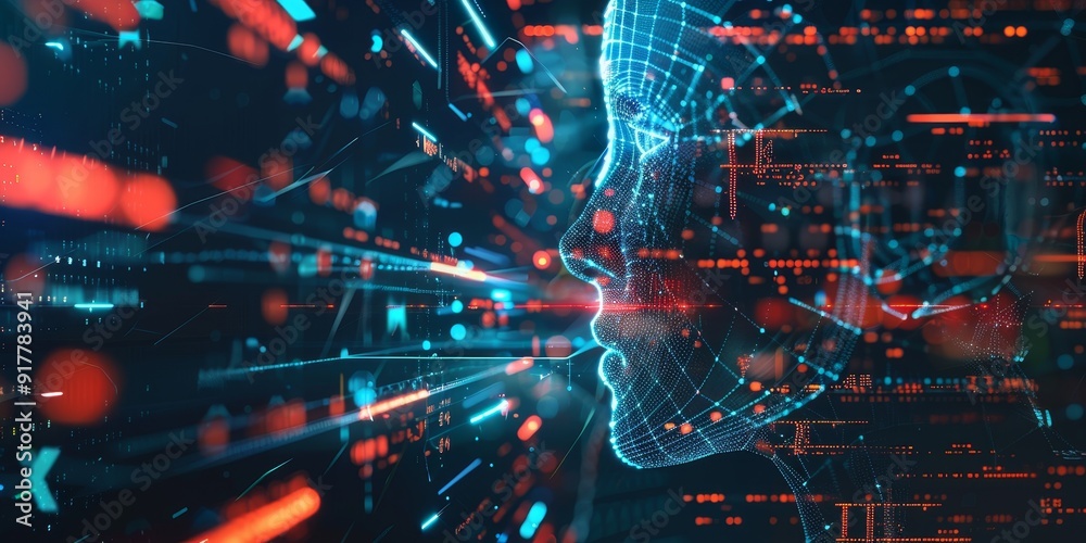 Aufkleber 3D rendering of an abstract AI head with data streams and binary codes flowing through, surrounded by holographic symbols and digital graphs on a dark background