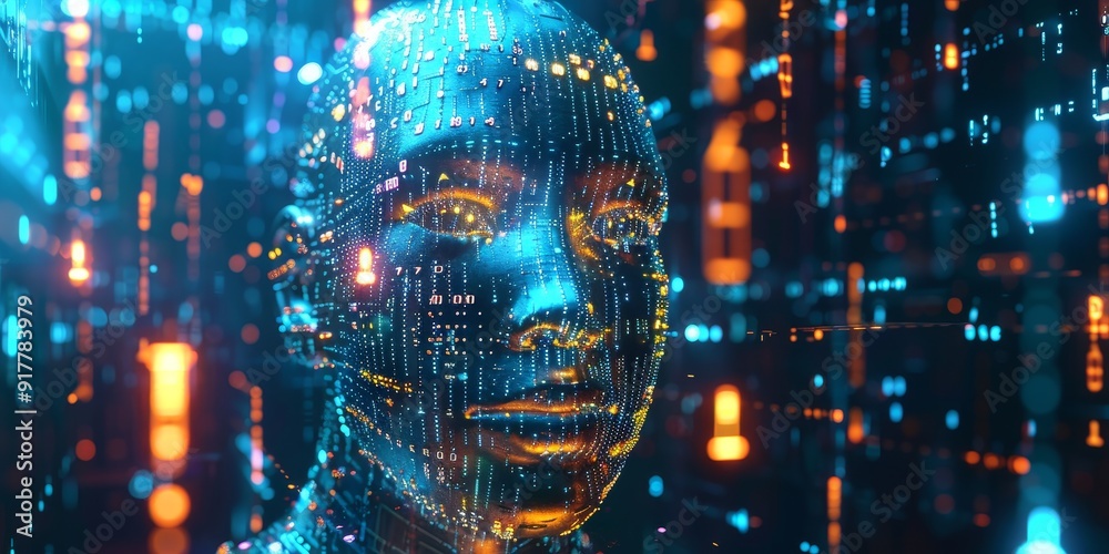 Aufkleber 3D rendering of an abstract AI head with data streams and binary codes flowing through, surrounded by holographic symbols and digital graphs on a dark background
