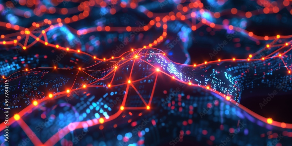 Aufkleber Digital neural network diagram with interconnected nodes and lines, glowing in bright colors against a dark backdrop, symbolizing artificial intelligence and machine learning