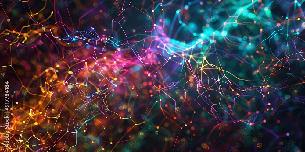 Poster Digital neural network diagram with interconnected nodes and lines, glowing in bright colors against a dark backdrop, symbolizing artificial intelligence and machine learning