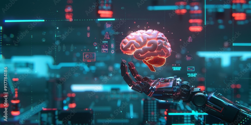 Poster Creative representation of AI with a robotic hand holding a glowing brain, surrounded by digital icons, symbols, and data streams in a futuristic setting