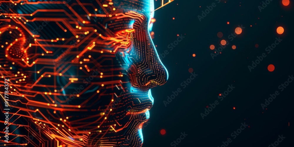 Poster Abstract image of a face made from circuit boards and data lines, symbolizing artificial intelligence and human-machine integration in a high-tech visual style