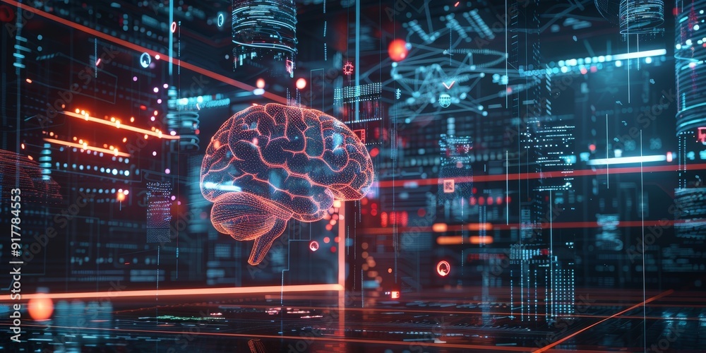 Poster Holographic 3D brain with neural connections, surrounded by floating digital symbols and graphs, depicting advanced AI and machine learning concepts in a dark setting