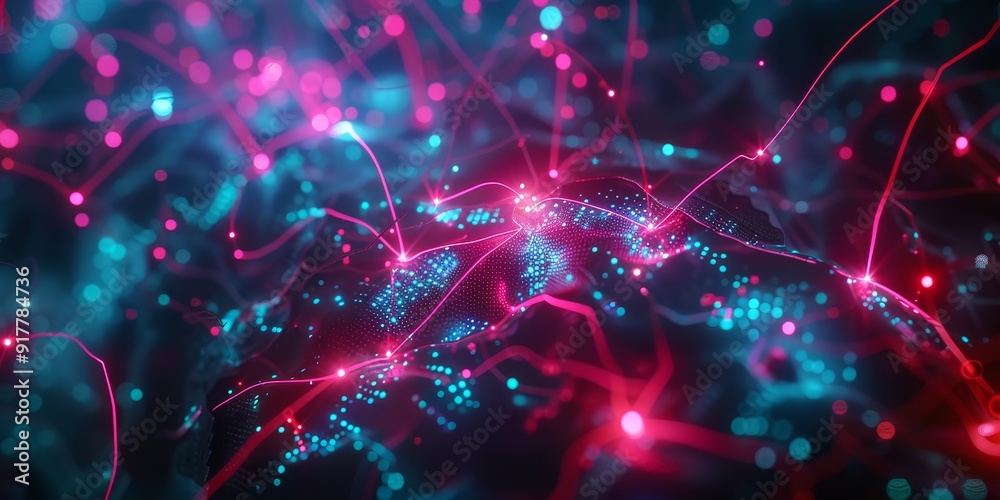 Fototapete AI neural network visualization with bright nodes and connecting lines, overlaid with holographic symbols and data points, representing machine learning and data analysis