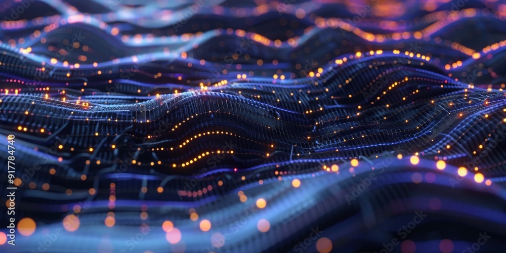 Aufkleber AI neural network visualization with bright nodes and connecting lines, overlaid with holographic symbols and data points, representing machine learning and data analysis