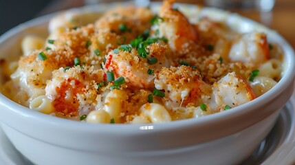 Luxurious Lobster Mac and Cheese with Creamy Cheesy Sauce Topped with Breadcrumbs and Chives Served in a White Ceramic Bowl