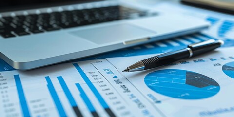 Fototapeta premium High-angle view of an office desk with an appraisal report, financial charts, a pen, and a laptop, symbolizing professional evaluation and meticulous review