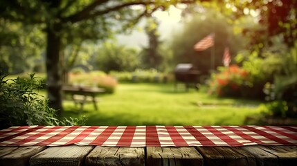 An empty table with a red and white checkered cloth, blurred background of a BBQ grill and American flags, bright sunny day, creating a festive and cheerful 4th of July atmosphere, soft focus,