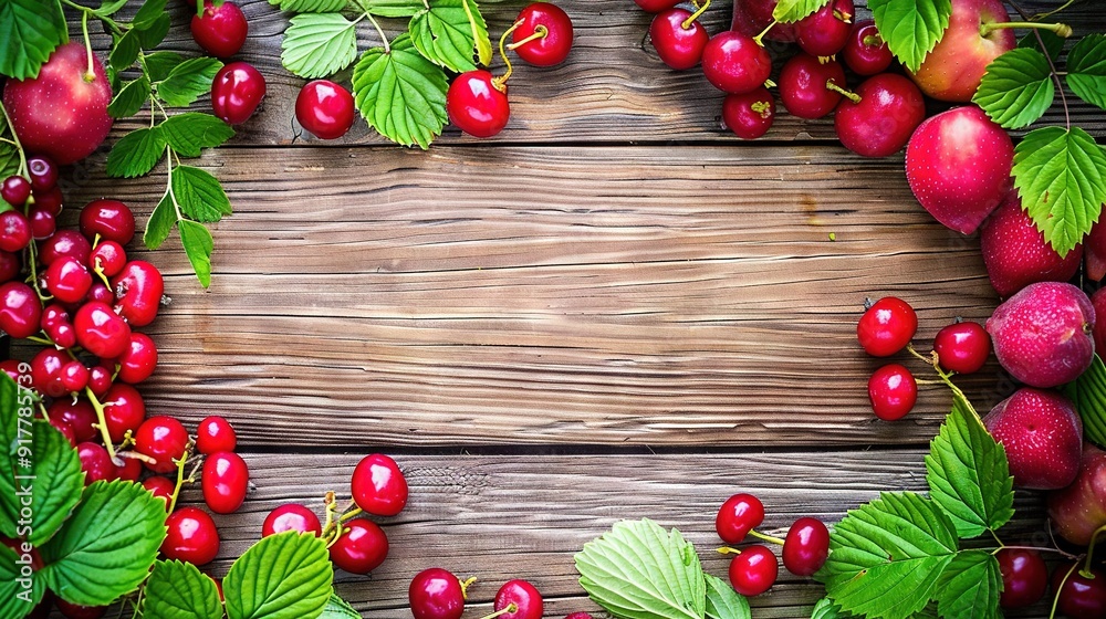 Sticker a table adorned with cherries, set against a wooden backdrop with surrounding greenery and ample roo