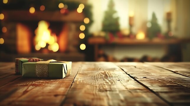 An empty table with colorful wrapped presents, blurred background of a cozy living room with a lit fireplace, warm ambient light, creating a festive and inviting Christmas atmosphere, vibrant colors,