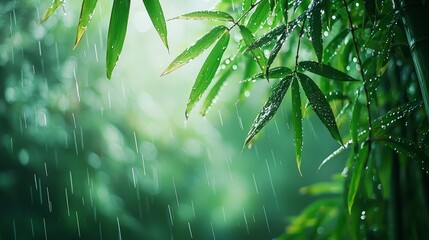 beautiful green bamboo forest in the rain, water drops on bamboo leaves, wellness day in spa, idyllic bamboo jungle background, fresh idyll in rain forest, green nature concept with copy space
