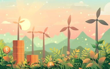Renewable energy, eco investments, trees on coin stacks, growth graph, green energy icons, AI generated illustration, highquality image