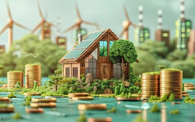 Renewable energy, eco investments, trees on coin stacks, growth graph, green energy icons, AI generated illustration, highquality image