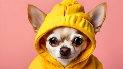  charming Chihuahua dressed in vivid yellow hoodie and a cute pink beanie stands out against a matching yellow background